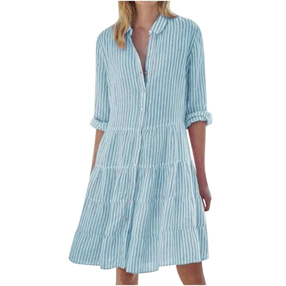 Lindreshi Fall Dresses for Women Homecoming Dresses Fashion Women's Dresses Casual Long Sleeve Stripe Print Lapel Shirt Dress