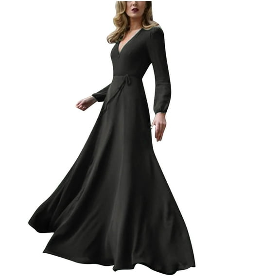 Lindreshi Fall Dresses for Women Homecoming Dresses Women's Fashion Elegant Long Sleeve Solid Color Sexy V-Neck Large Dress