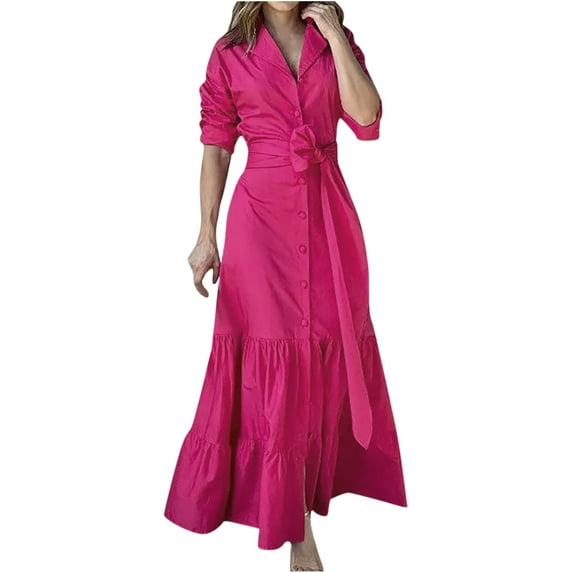 Lindreshi Fall Dresses for Women Homecoming Dresses Women's Fashion Turndown Collar Loose Cotton Linen Long Sleeve Tightness High Waist Dress