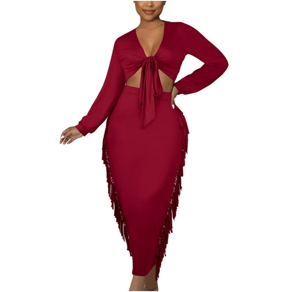 Lindreshi Fall Dresses for Women Homecoming Dresses Women's Sexy Solid Long Sleeve Lace-Up Fringe Dress Two Piece