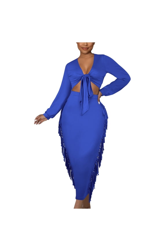 Fall Dresses for Women Homecoming Dresses Women's Solid Long Sleeve Lace-Up Fringe Dress Two Piece