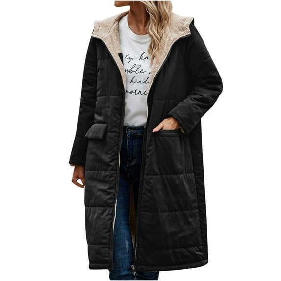 Lindreshi Fall Jackets for Women Quilted Women's Winter Casual Loose Fashion Color Pocket Zippered Tops Reversible Long Cotton Coat