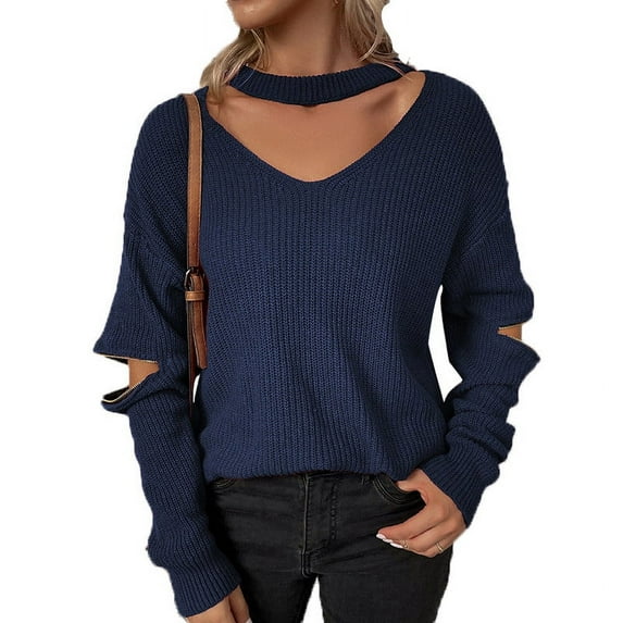 Lindreshi Fall Sweaters for Women Trendy Fashion Women's Casual Knitted Solid Color Panel V-Neck Sweater