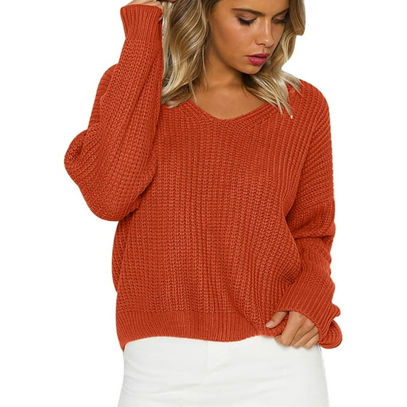Lindreshi Fall Sweaters for Women Trendy Women's Fashion Long Sleeves V-Neck Solid Color Loose Tops Blouse Knitted Sweater