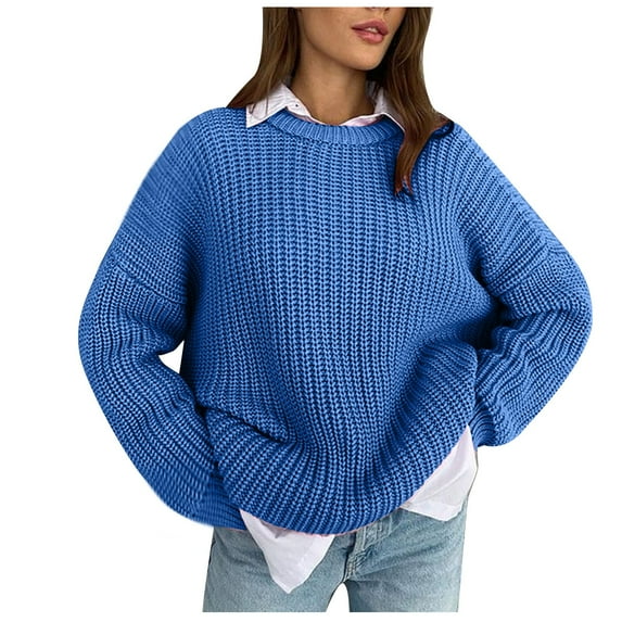 Lindreshi Fall Sweaters for Women Trendy Women's Sweater 2023 New Loose Round Neck Solid Color Long-Sleeved Lazy Style Knitted Sweater