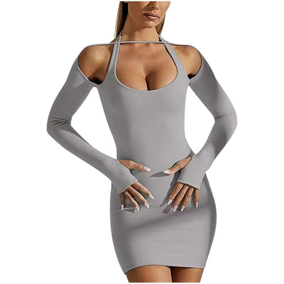 Lindreshi Formal Dresses for Women Women Casual Halter Hips Long Sleeve V-Neck Dresses