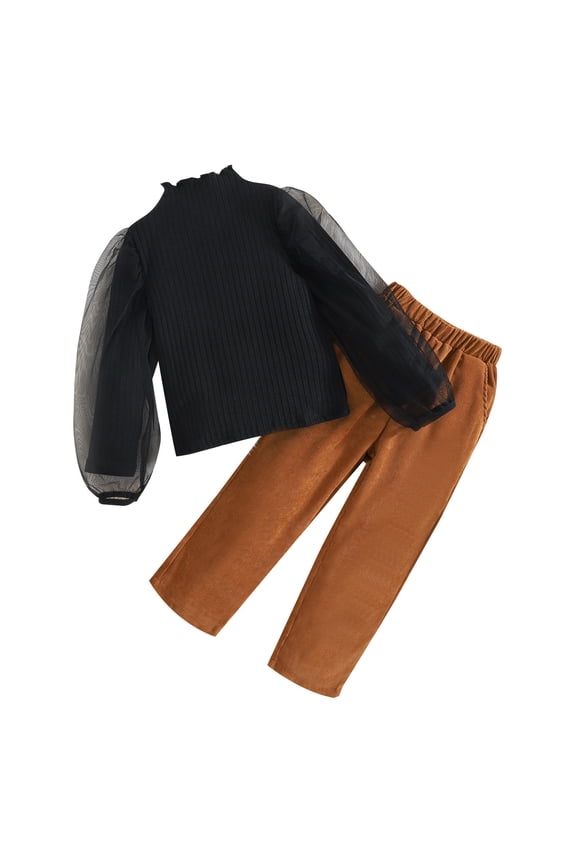 Girls 2 Piece Outfit Fall Knit Cotton Mesh Bubble Sleeve Top + Corduroy Pants Set Suitable for Ages 4-7 Years Old.