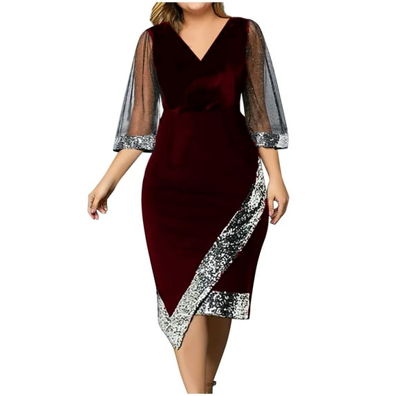 Lindreshi Homecoming Dresses Plus Size Women Casual V-Neck Irregular Sequin Mesh Half Sleeve Dress Evening Dresses