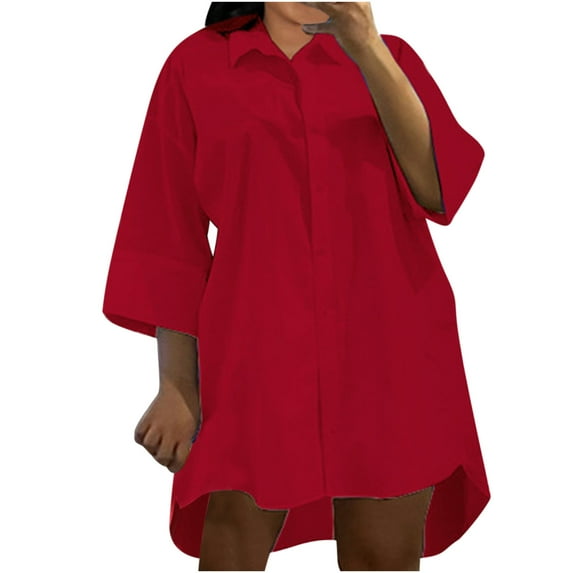 Lindreshi Jackets for Women Casual Fall Clearance Shirt Women Three Quarter Sleeve Turndown Collar Solid Casual Loose Dress Dresses