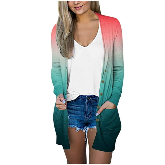 Lindreshi Jackets for Women Casual Fall Fall Fashion Women Gradient Printing Button Long Sleeve Casual Tops Blouse with Pocket Cardigan