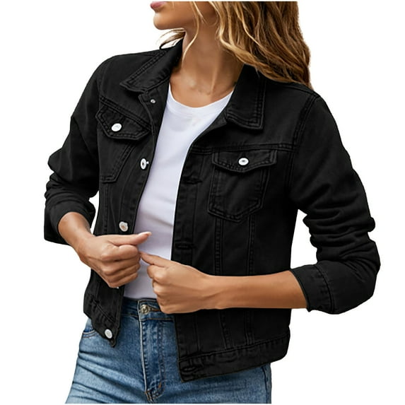 Lindreshi Jean Jacket Women Cropped Women Denim Jacket Long Sleeve Cardigan Pocket Coat Tops