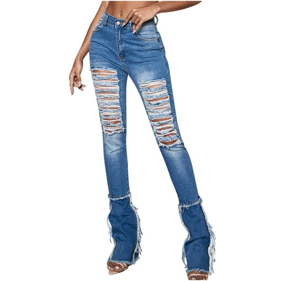 Lindreshi Jeans for Women Women's Summer Fashion Design Solid Color High Waist One Button Perforated Comfort Stretch Pants