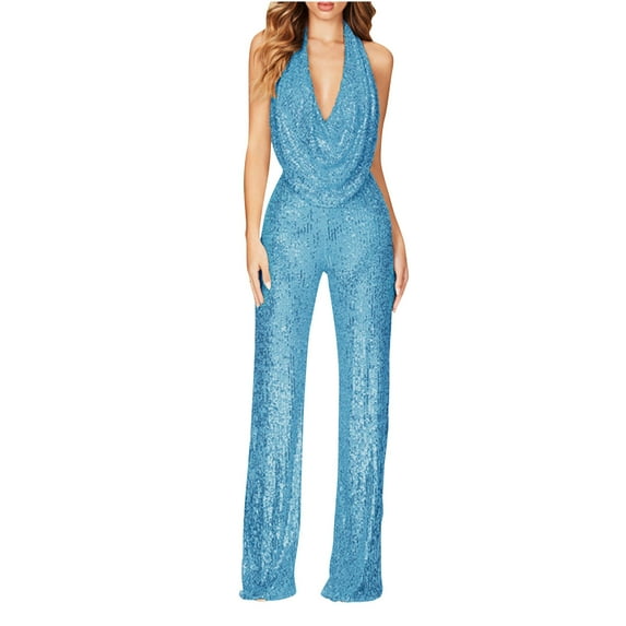 Lindreshi Jumpsuits for Women Clearance Women Sequin Color Short-sleeved Casual Jumpsuit
