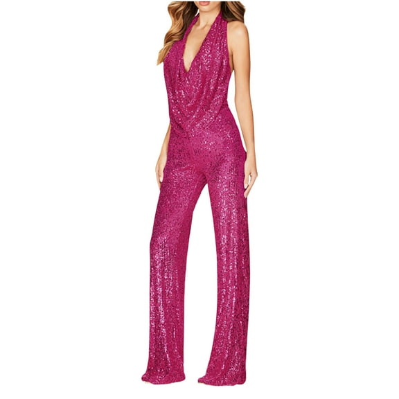 Lindreshi Jumpsuits for Women Clearance Women Sequin Color Short-sleeved Casual Jumpsuit