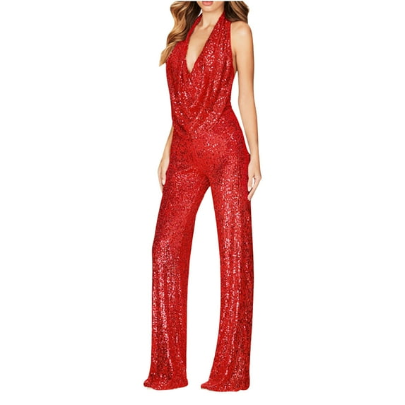 Lindreshi Jumpsuits for Women Clearance Women Sequin Color Short-sleeved Casual Jumpsuit