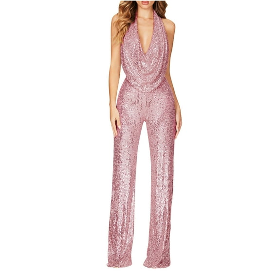 Lindreshi Jumpsuits for Women Clearance Women Sequin Color Short-sleeved Casual Jumpsuit
