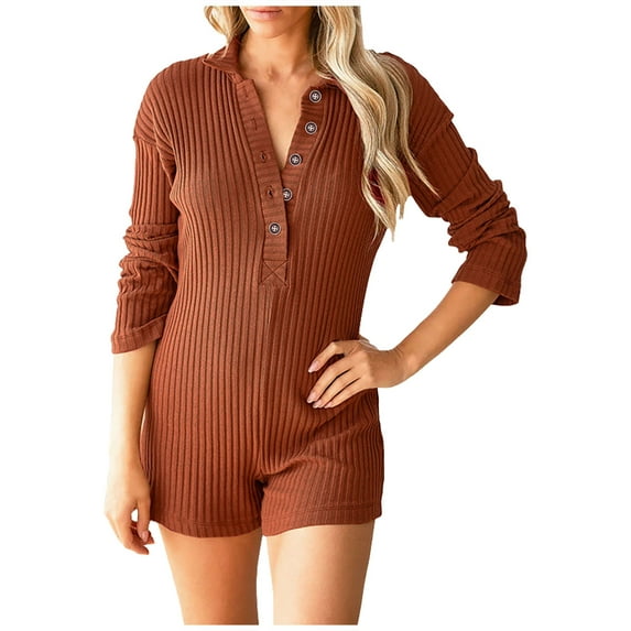 Lindreshi Jumpsuits for Women Shorts Womens Fashion Solid Button Casual Long Sleeve Suspender Short Jumpsuit