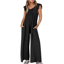 Lindreshi Jumpsuits for Women Womens Fashion Summer Solid Casual V Neck Sleeveless Belted High Waist Long Pants Rompers