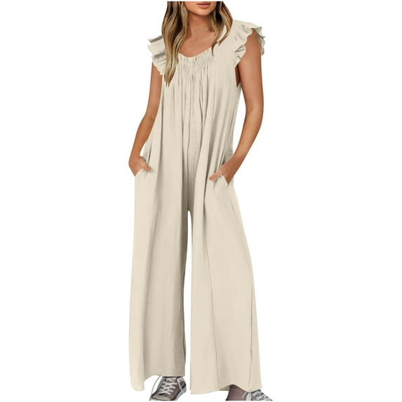 Lindreshi Jumpsuits for Women Womens Fashion Summer Solid Casual V Neck Sleeveless Belted High Waist Long Pants Rompers