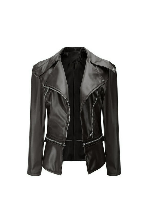 Leather Jacket for Women Women Cool Faux Leather Jacket Long Sleeve Zipper Fitted Coat Fall Short Jacket