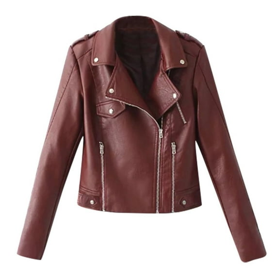 Lindreshi Leather Jacket for Women Womens Casual Solid Color Lapel Zipper Long Sleeve Leather Jacket Coat Tops Blouse