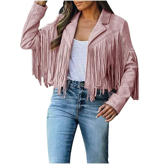 Lindreshi Leather Jackets for Women Fringe Coat for Women Faux Suede Leather Cowboy Style Coat Long Sleeve Tassels Cardigan Coat