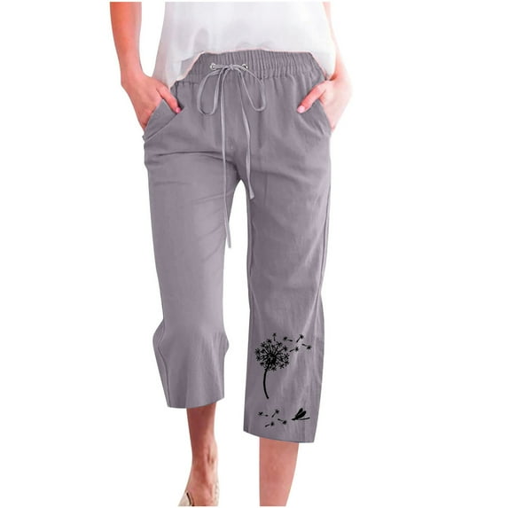 Lindreshi Linen Pants Women Plus Size Clearance Fashion Womens Casual Printing Elastic Loose Pants Straight Wide Leg Trousers With Pocket