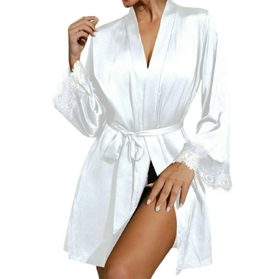 Lindreshi Lingerie Sets for Women Women's Simulation Silk Mid Length Mesh Polka Dots Ice Silk Patchwork Home Clothing Bathrobes Pajamas