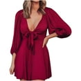 thumbnail image 1 of Lindreshi Long Sleeve Dresses for Women Midi Fashion Women Soild Bow V-Neck Dress Short Basic Midi Club Dress Knee-Length, 1 of 5