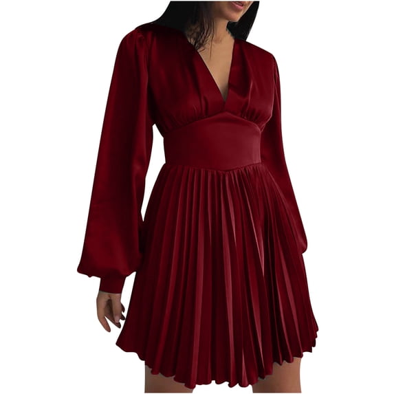 Lindreshi Long Sleeve Dresses for Women Midi Women's Sexy V-Neck Back Zipper Trumpet Sleeves Pleated Satin Color T-A-Line High-waisted Dress