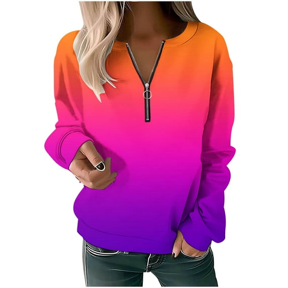Lindreshi Long Sleeve Shirts for Women Women's Printed Zippered Round Neck Long Sleeved Top