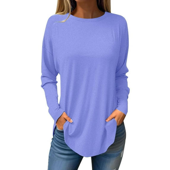 Lindreshi Long Sleeve Shirts for Women Womens Round Neck Solid Color Fall Blouses Fashion Smocked Long Sleeve Shirts Tops