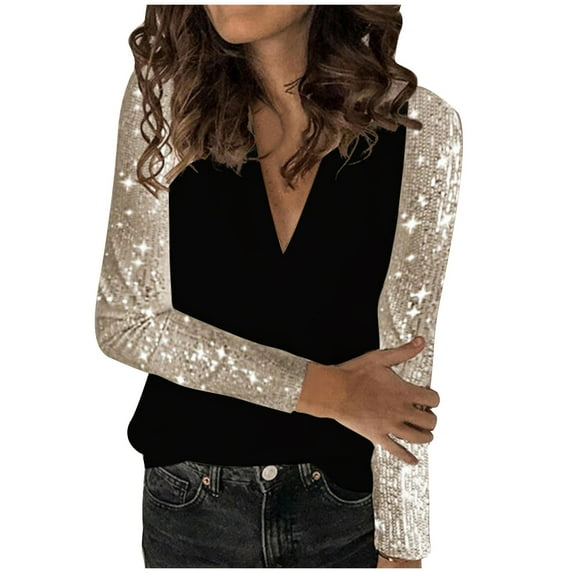 Lindreshi Long Sleeve Shirts for Women Deals Fashion Women V-Neck Long Sleeve T-Shirt Top Casual Sequins Loose Blouse