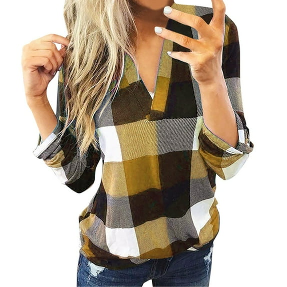 Lindreshi Long Sleeve Shirts for Women Plus Size Long Sleeve Women Casual Roll up Long Sleeve V Neck Plaid Shirt Slim Top Long