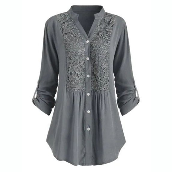 Lindreshi Long Sleeve Shirts for Women Plus Size Women Ladies Large Size Button Lace V Neck Long Sleeve Shirt Blous