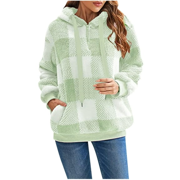 Lindreshi Long Sleeve Shirts for Women Plus Size Women's Fashion Casual Colorful Pullover Round Neck Hooded Plaid Long Sleeve Plush Top