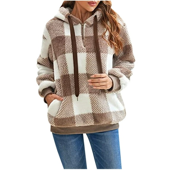 Lindreshi Long Sleeve Shirts for Women Plus Size Women's Fashion Casual Colorful Pullover Round Neck Hooded Plaid Long Sleeve Plush Top