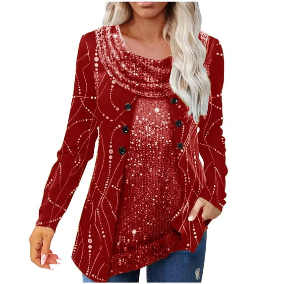 Lindreshi Long Sleeve Shirts for Women Women's Beaded Patchwork Printed Pendant Collar Long Sleeved Tops