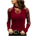 thumbnail image 1 of Lindreshi Long Sleeve Shirts for Women Women's Sexy Long Sleeve Solid Color Hollow Out Lace Patchwork Tops Blouse T-Shirt, 1 of 8