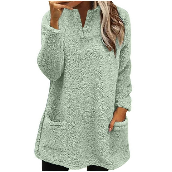 Lindreshi Long Sleeve Shirts for Women's Round- Neck And Winter Loose Solid Pocket Warm Long Sleeve Tops