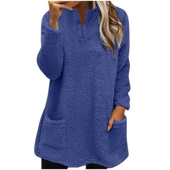 Lindreshi Long Sleeve Shirts for Women's Round- Neck And Winter Loose Solid Pocket Warm Long Sleeve Tops