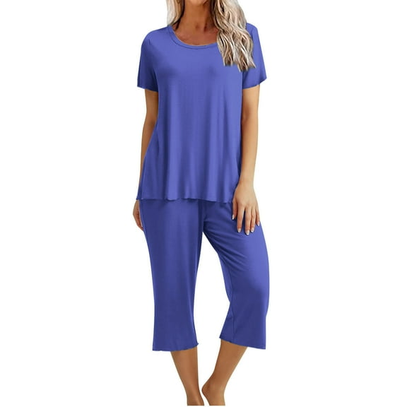 Lindreshi Lounge Sets for Women 2 Piece Shorts Women's Solid Color Round Neck Short Sleeve Sleepshirt and Pants Sets Loungewear Pajamas with Pockets