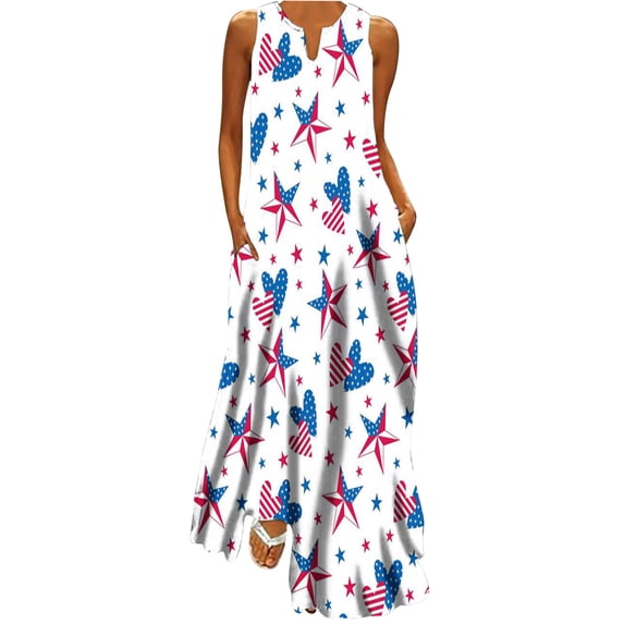 Lindreshi Maxi Dresses for Women 2024 Women Casual Loose Printed Tank Dress Beach V-neck Pocket Sundress Sleeveless Dresses