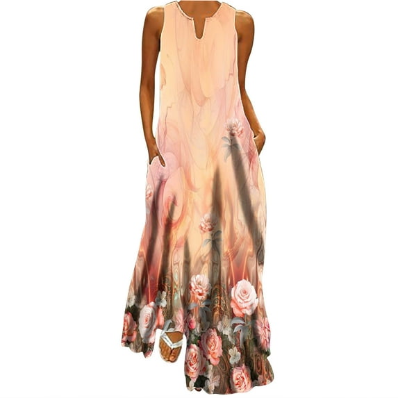 Lindreshi Maxi Dresses for Women 2024 Women Casual Loose Printed Tank Dress Beach V-neck Pocket Sundress Sleeveless Dresses