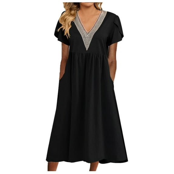 Lindreshi Midi Dresses for Women with Sleeves Fashion Women Casual Sexy V-Neck Printing Summer Short Sleeve Pockets Dress