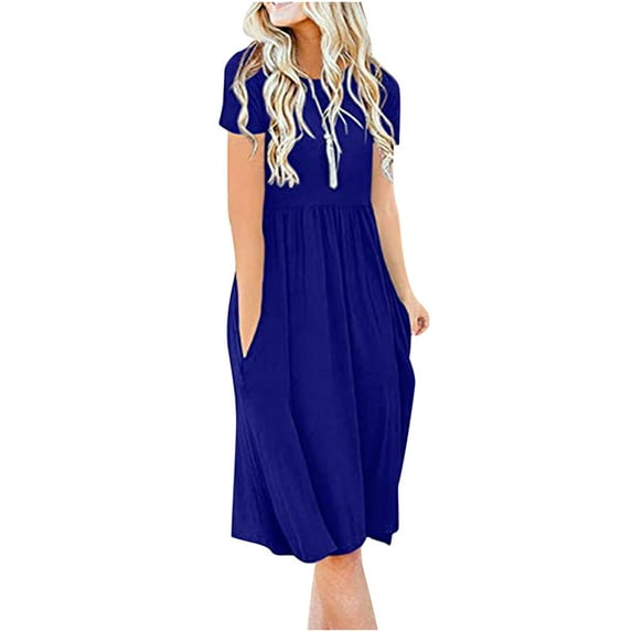 Lindreshi Midi Dresses for Women with Sleeves Fashion Women's Casual Women Short Sleeve Round Neck Pockets Solid Ladies Dress