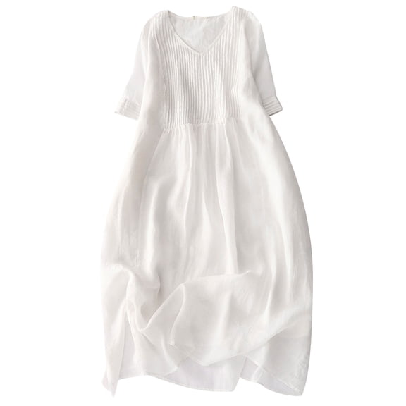 Lindreshi Midi Dresses for Women with Sleeves Summer Women's Cotton Linen Solid Loose Short Sleeve V-Neck Dress