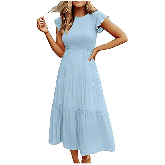 Lindreshi Midi Dresses for Women with Sleeves Women's Summer Solid Color Temperament Flying Sleeves Large Skirt Mid Length Dress