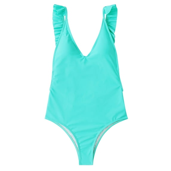 Lindreshi One Piece Swimsuits for Women Women's One-Piece Swimsuit V-Neck Backless Swimsuit Solid One-Piece Bikini Ruffle Swimsuit