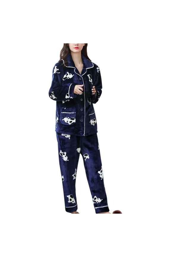 Pajamas for Women Set Long Sleeve 2pc Ladies Fashion Flannel Print Pocket Long Sleeve+ Long Pants Pajama Suit